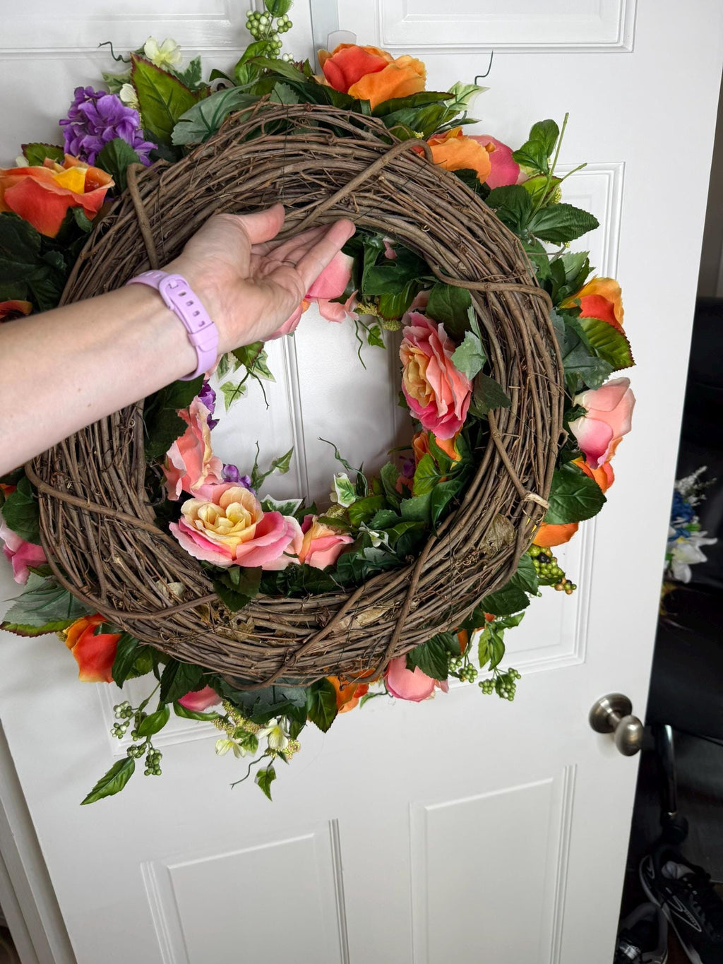 Medium Summer Garden Bloom Floral Wreath – Coral Roses, Pink Roses & Purple