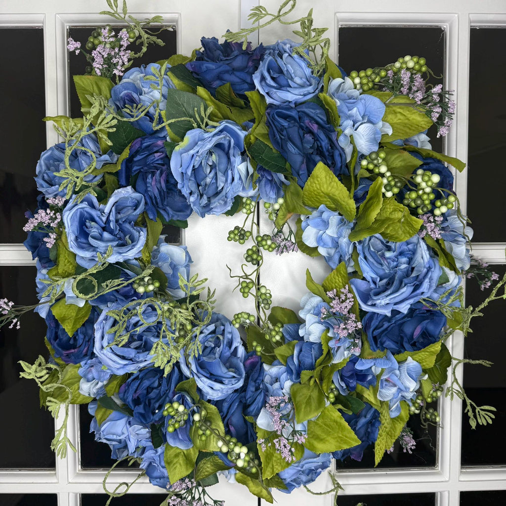 Medium Midnight Bloom Wreath Navy Periwinkle Blue Roses with Green Berries and Lavender Accents