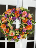 Medium Summer Garden Bloom Floral Wreath – Coral Roses, Pink Roses & Purple