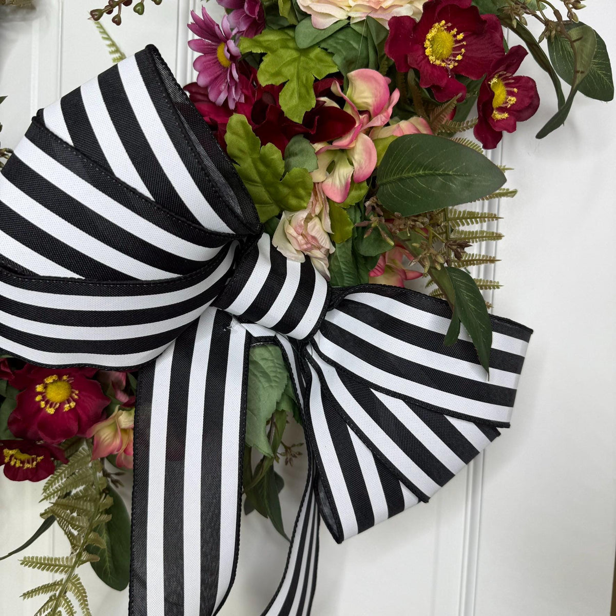 Crimson Garden Wreath – Burgundy & Blush Florals with Striped Ribbon Bow