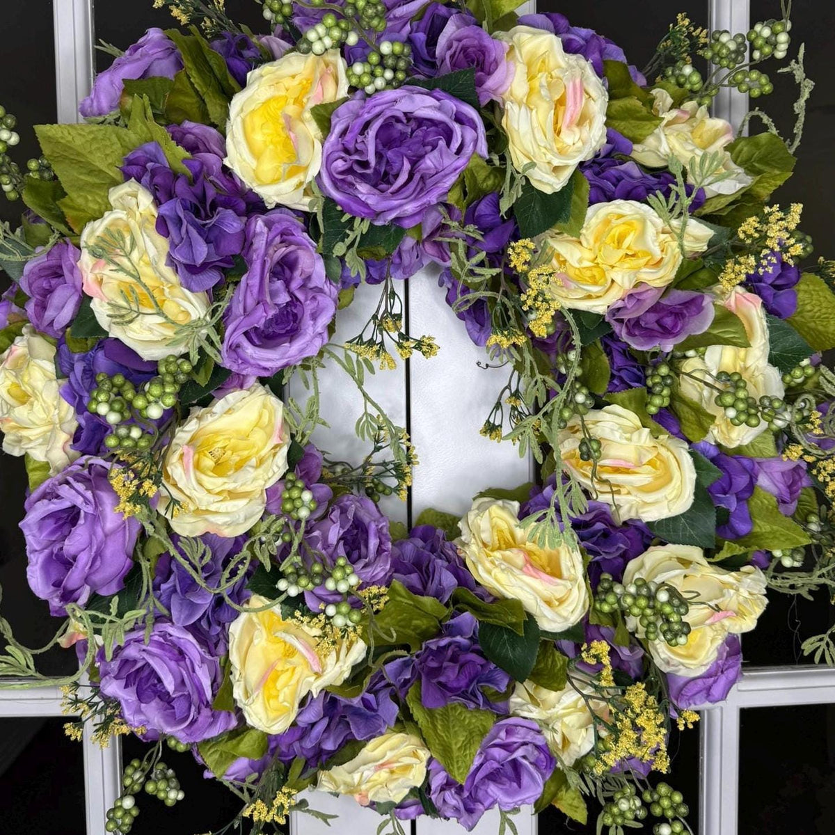 Handcrafted Floral Wreath: Purple & Yellow Roses, Farmhouse Decor
