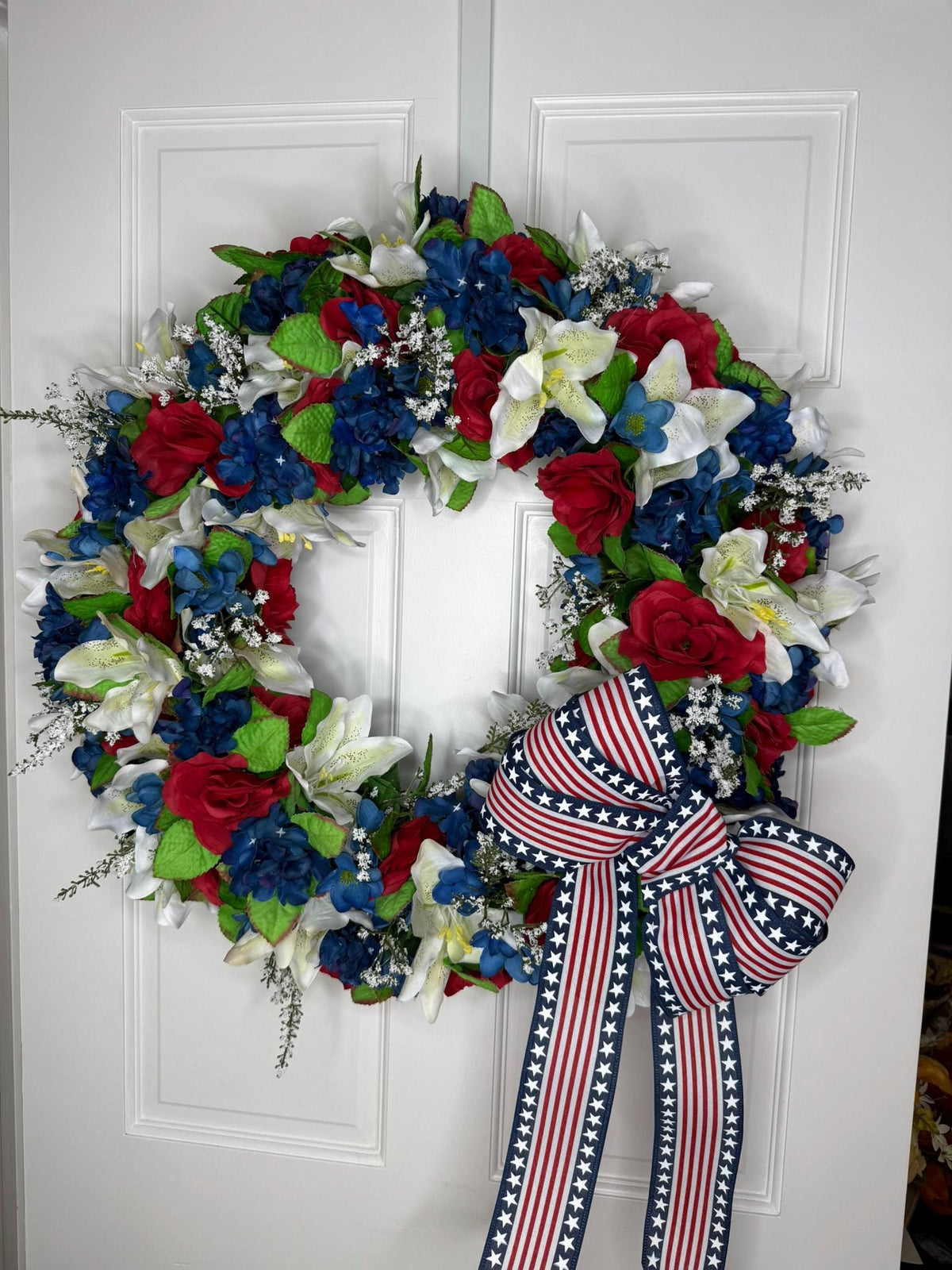 Patriotic Wreath Red Roses, Lilies, Hydrangeas Stars Stripes Bow