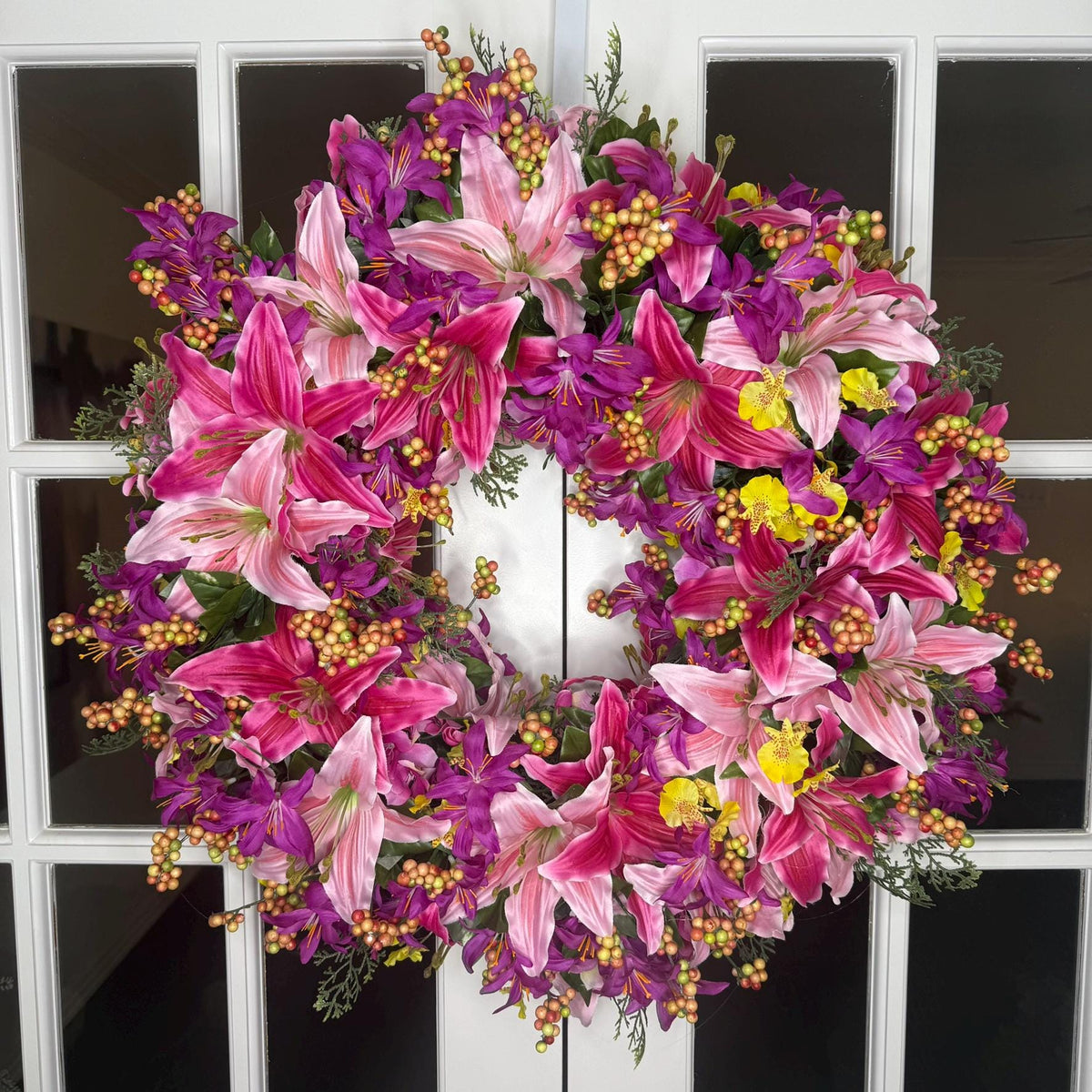 Pink Lily Purple Floral Wreath: Vibrant Summer Door Decor