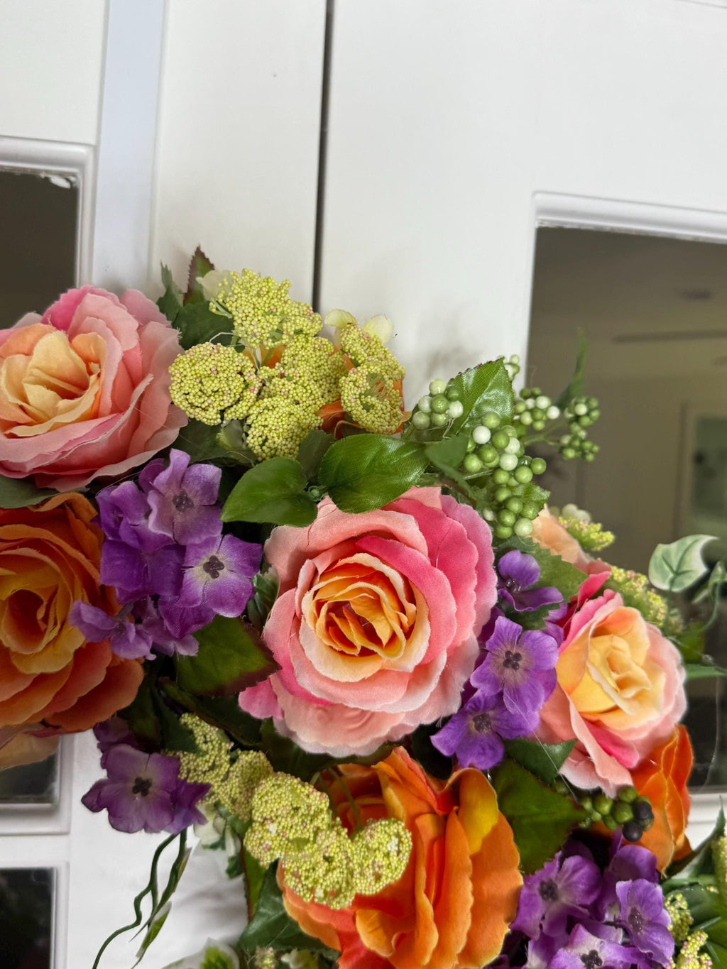 Medium Summer Garden Bloom Floral Wreath – Coral Roses, Pink Roses & Purple