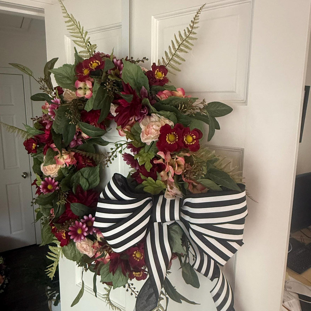 Crimson Garden Wreath – Burgundy & Blush Florals with Striped Ribbon Bow