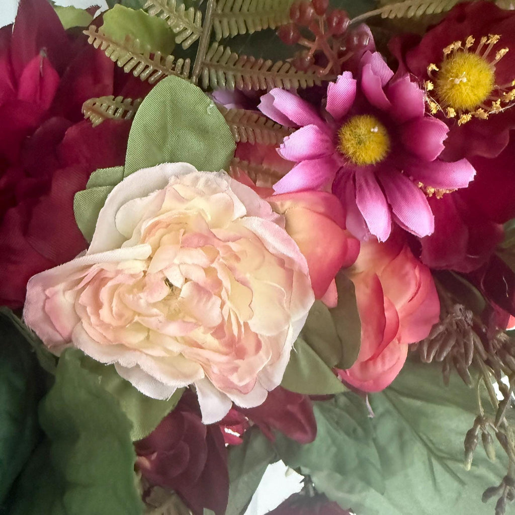 Crimson Garden Wreath – Burgundy & Blush Florals with Striped Ribbon Bow