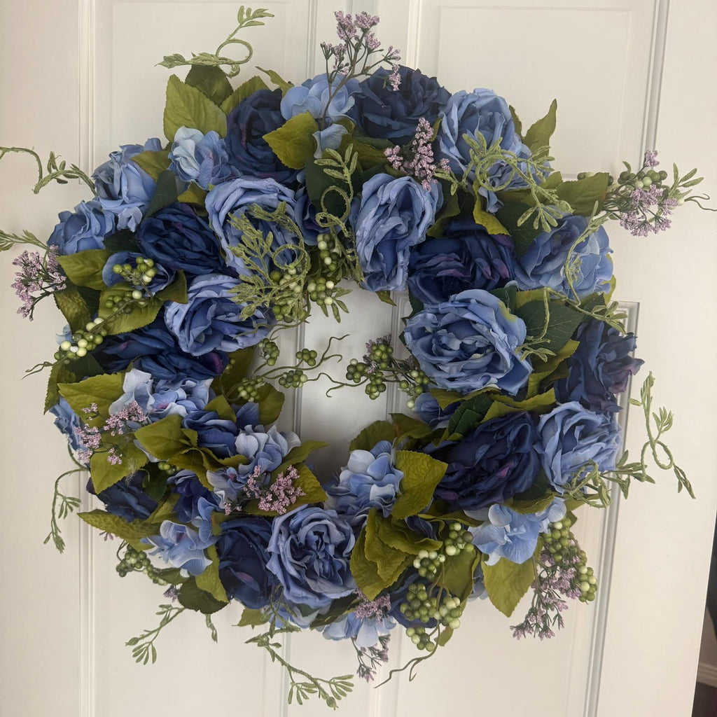 Medium Midnight Bloom Wreath Navy Periwinkle Blue Roses with Green Berries and Lavender Accents