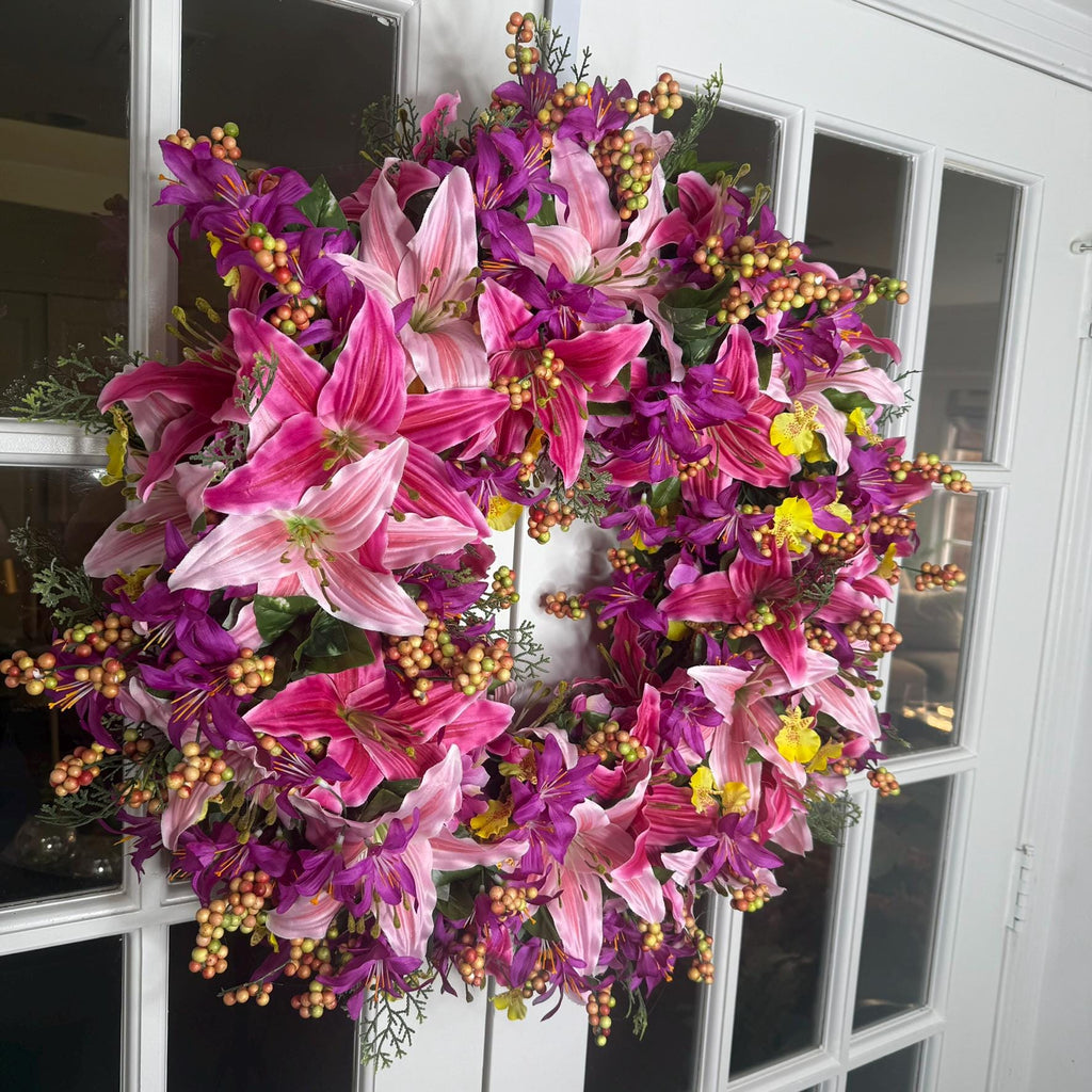 Pink Lily Purple Floral Wreath: Vibrant Summer Door Decor