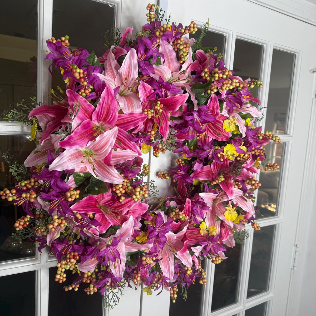 Pink Lily Purple Floral Wreath: Vibrant Summer Door Decor