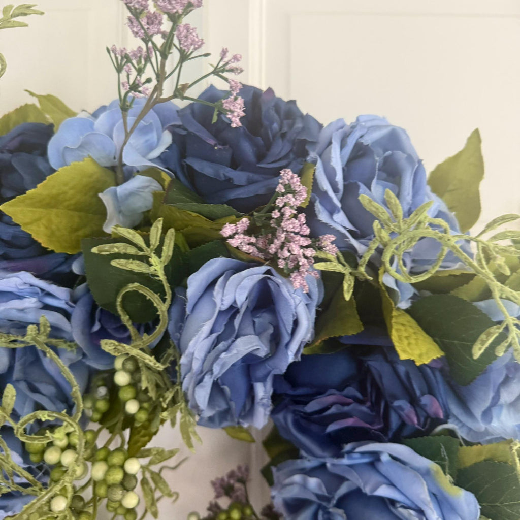 Medium Midnight Bloom Wreath Navy Periwinkle Blue Roses with Green Berries and Lavender Accents