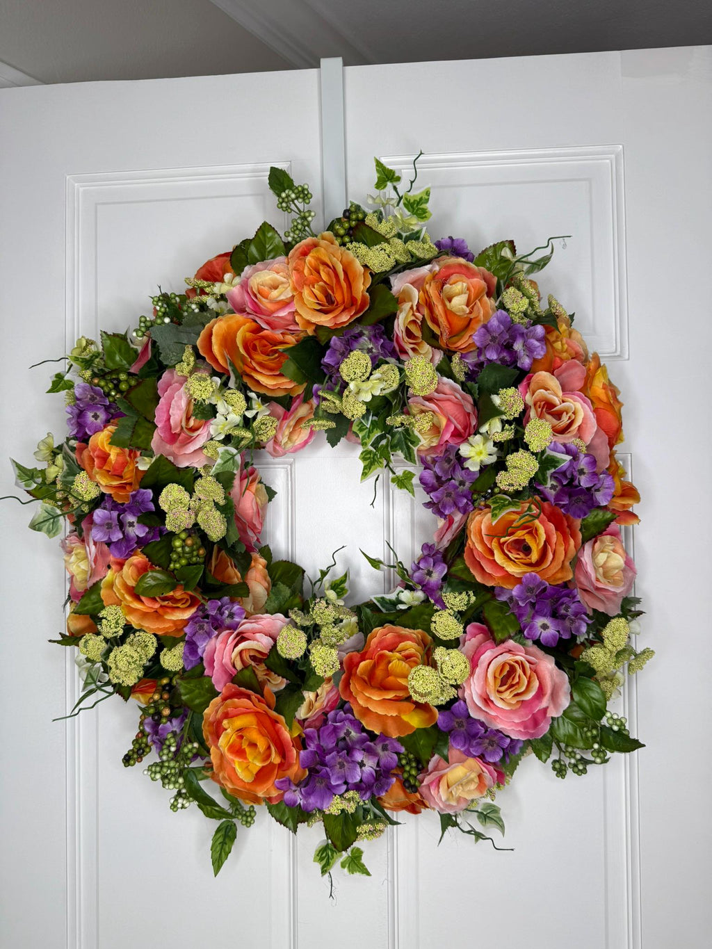 Medium Summer Garden Bloom Floral Wreath – Coral Roses, Pink Roses & Purple