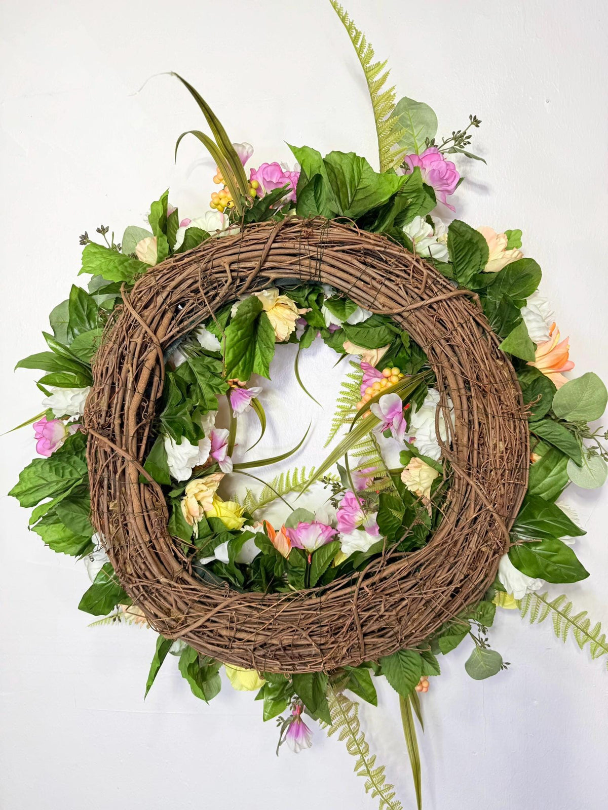 Belloura Summer Garden Wreath, Coral Pink Yellow Roses, Greenery (22-24" Diameter)