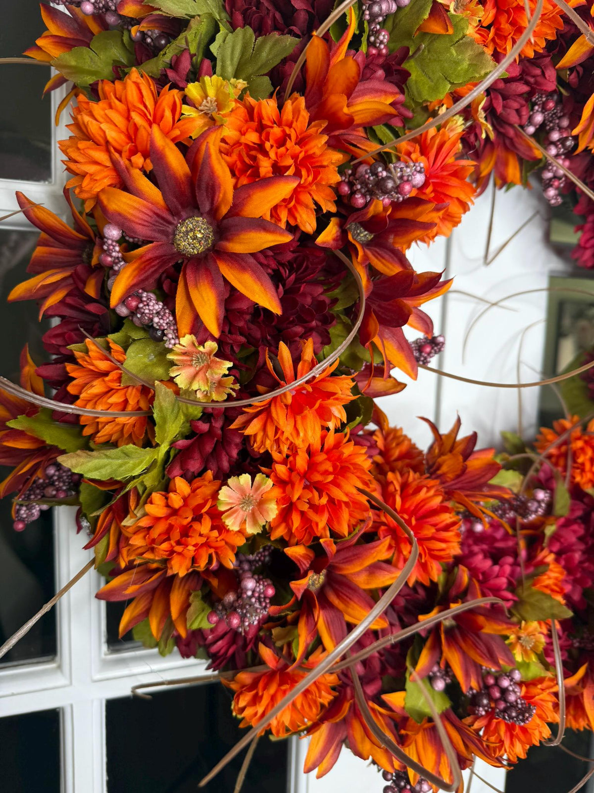 Large Autumn Wreath: Orange Burgundy Floral Harvest Door Decor (24-26 Inch)