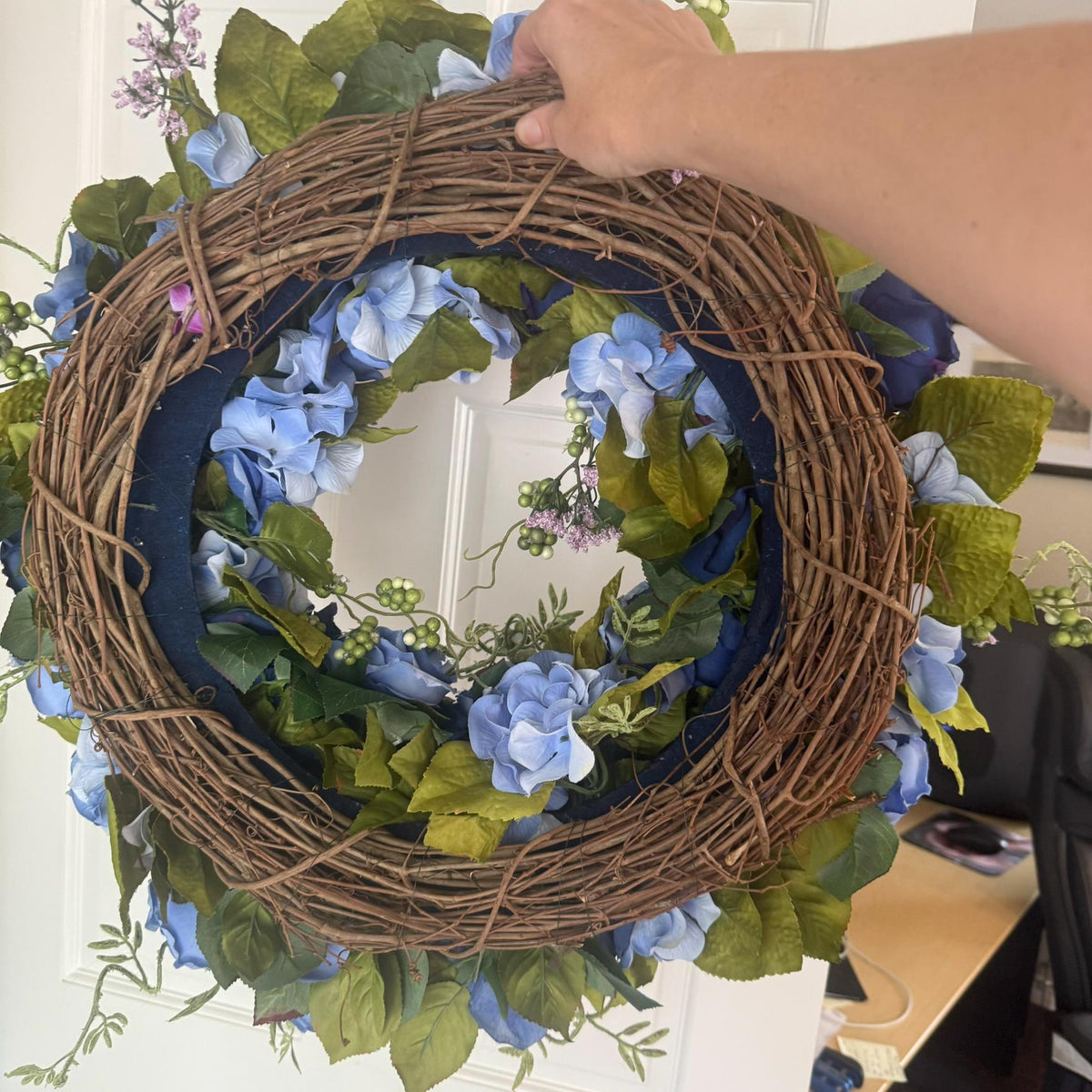 Medium Midnight Bloom Wreath Navy Periwinkle Blue Roses with Green Berries and Lavender Accents