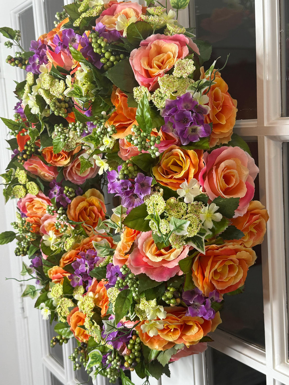 Large Summer Garden Bloom Floral Wreath – Coral Roses, Pink Roses & Purple
