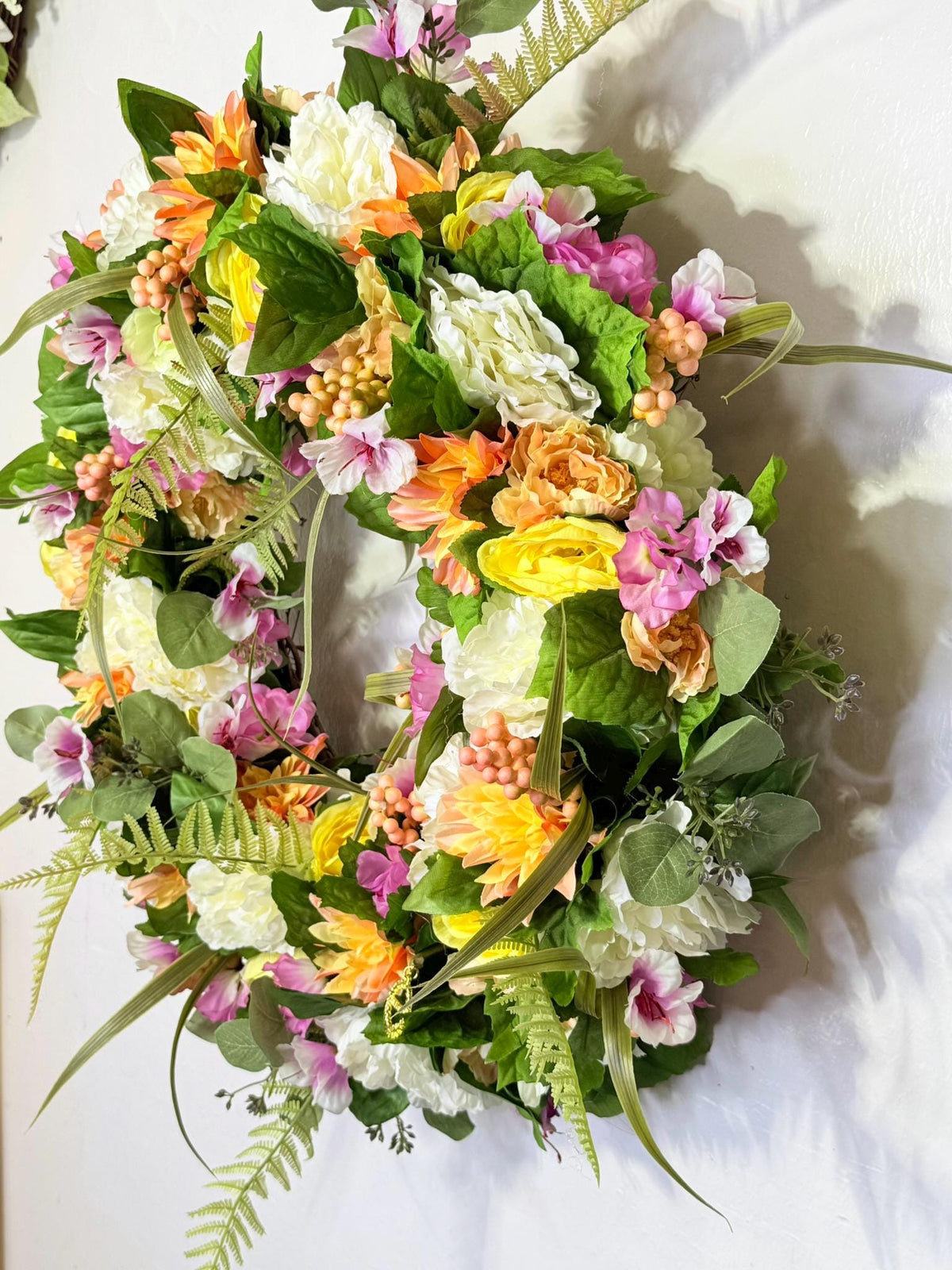 Belloura Summer Garden Wreath, Coral Pink Yellow Roses, Greenery (22-24" Diameter)