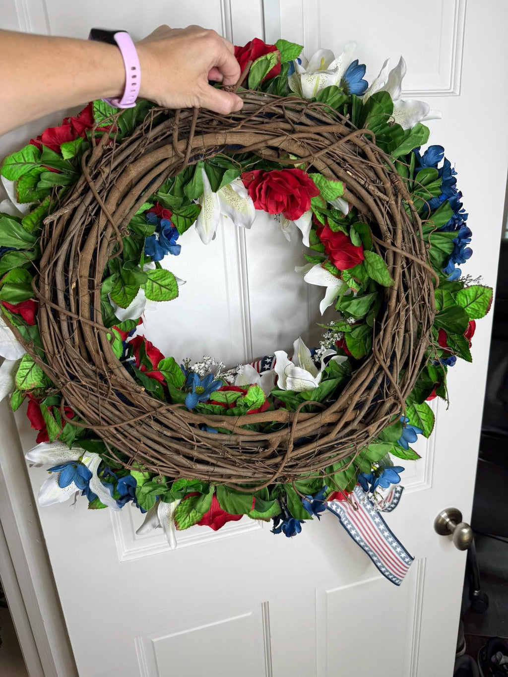 Patriotic Wreath Red Roses, Lilies, Hydrangeas Stars Stripes Bow