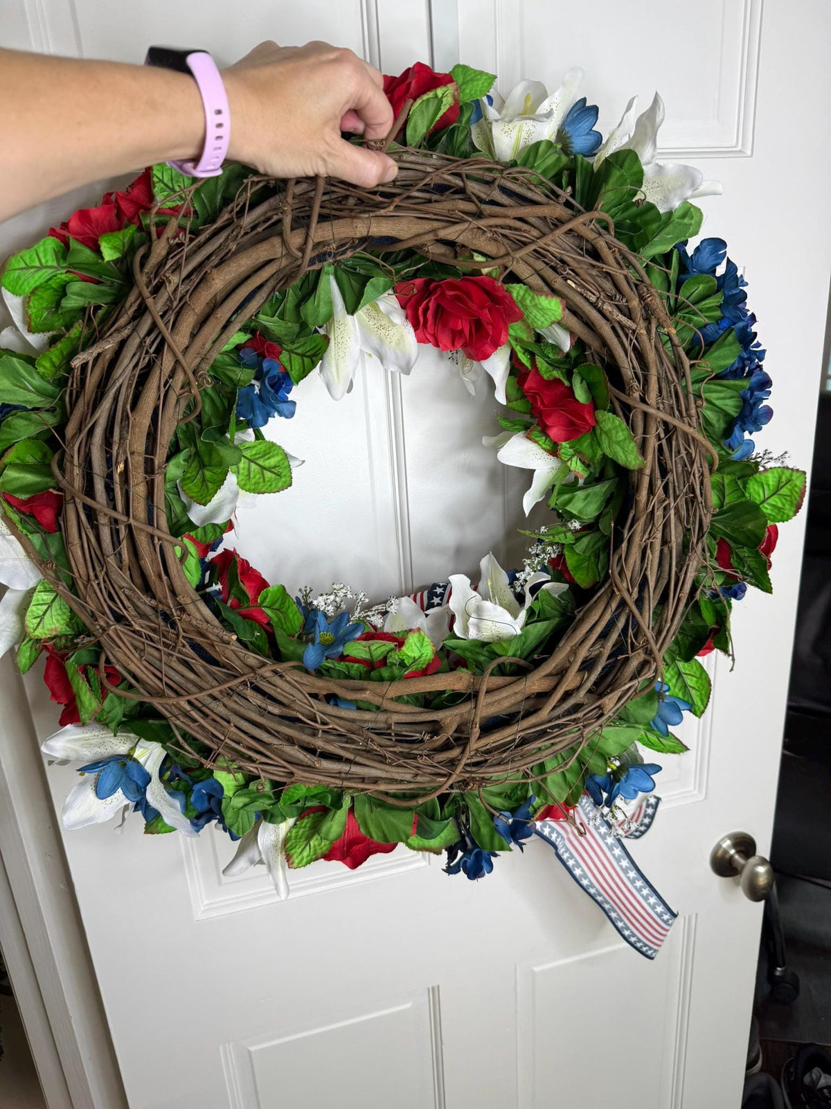Patriotic Wreath Red Roses, Lilies, Hydrangeas Stars Stripes Bow