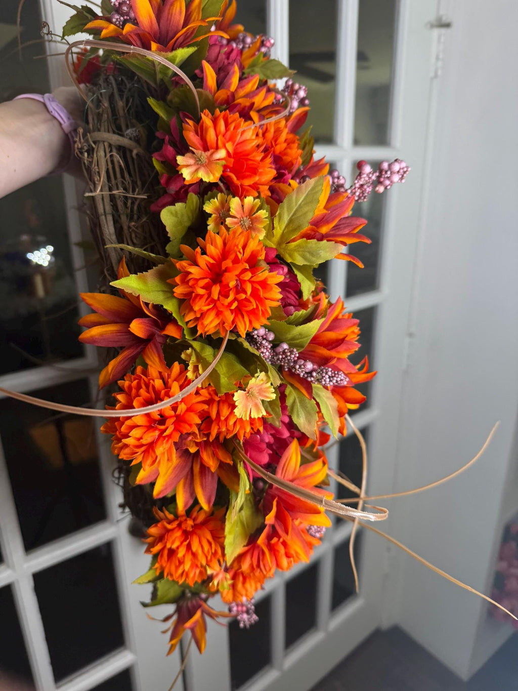 Large Autumn Wreath: Orange Burgundy Floral Harvest Door Decor (24-26 Inch)