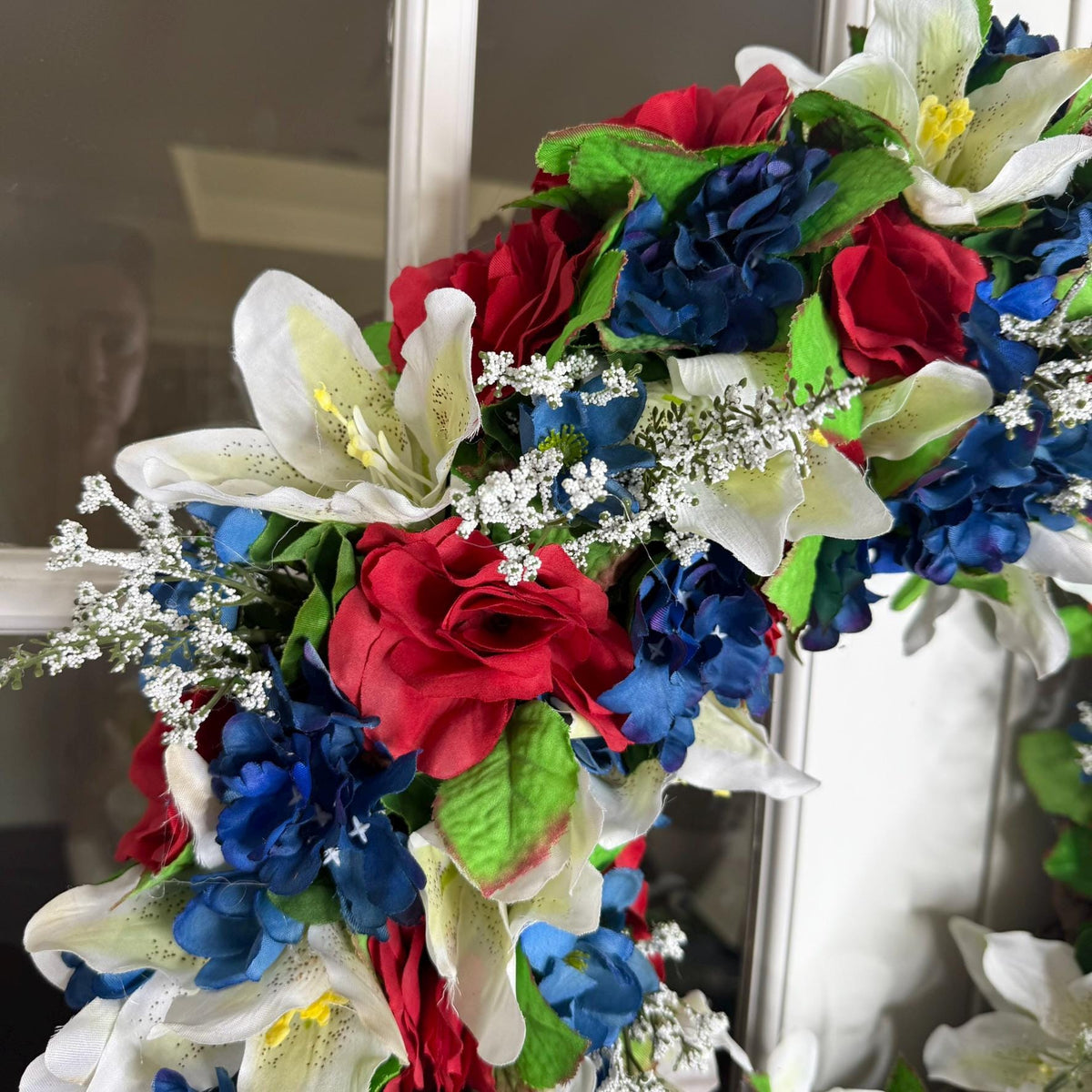Patriotic Wreath Red Roses, Lilies, Hydrangeas Stars Stripes Bow