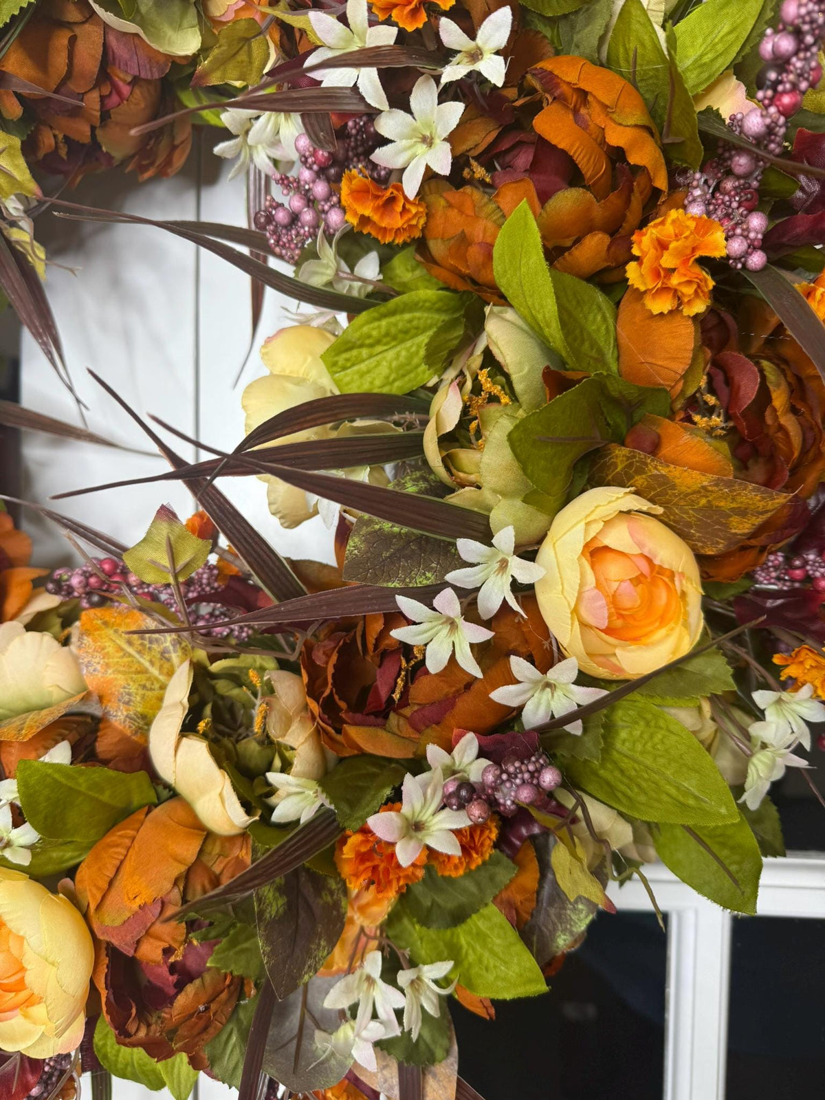 Extra Full Autumn Harvest Wreath: Orange Ranunculus, Cream Roses