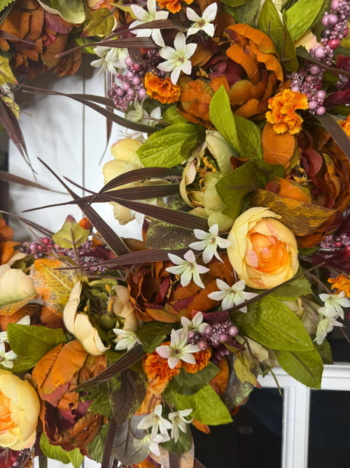 Extra Full Autumn Harvest Wreath: Orange Ranunculus, Cream Roses