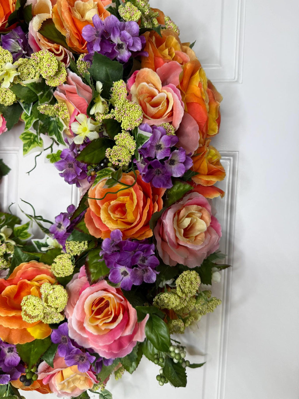 Medium Summer Garden Bloom Floral Wreath – Coral Roses, Pink Roses & Purple
