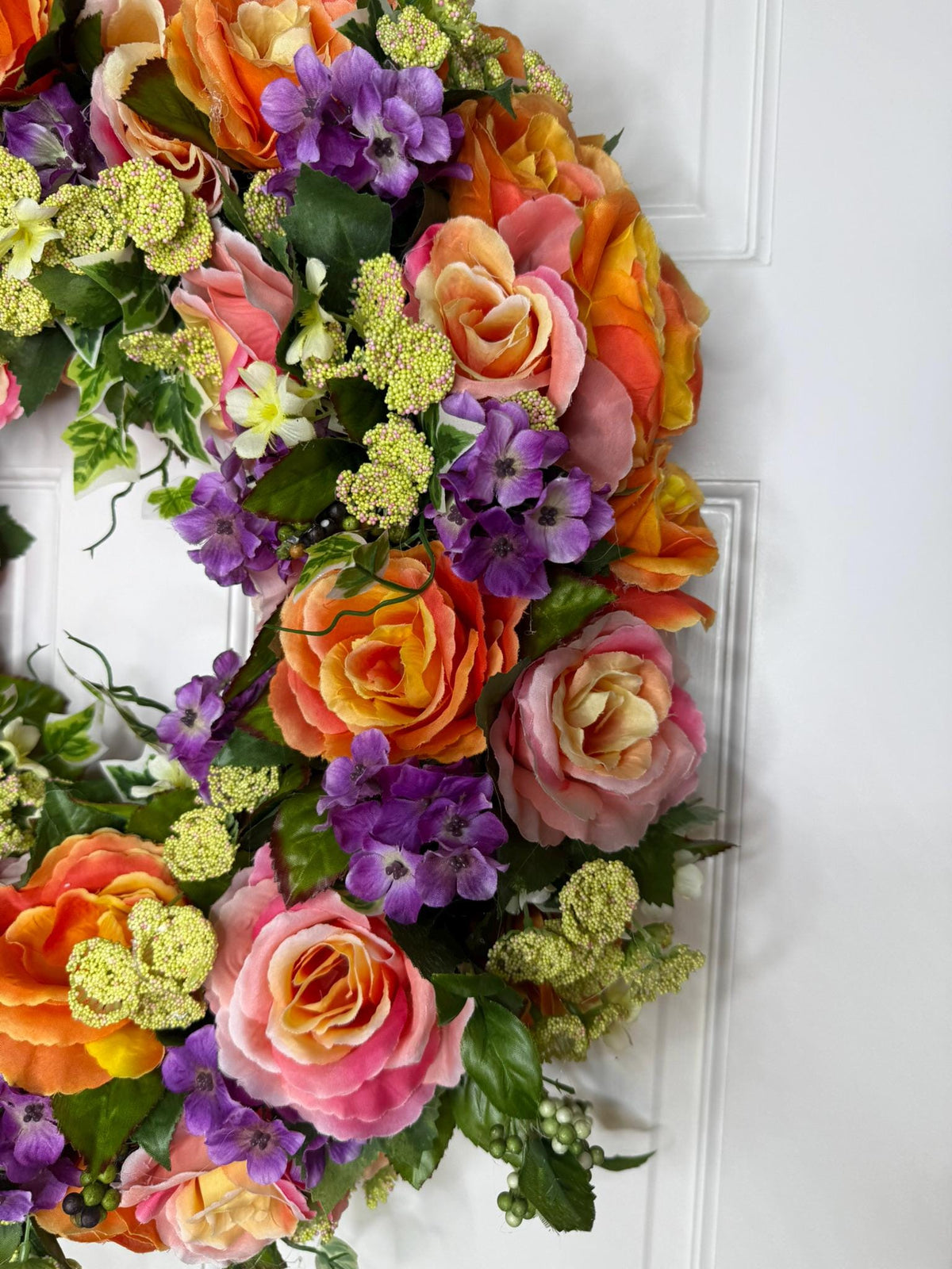 Medium Summer Garden Bloom Floral Wreath – Coral Roses, Pink Roses & Purple