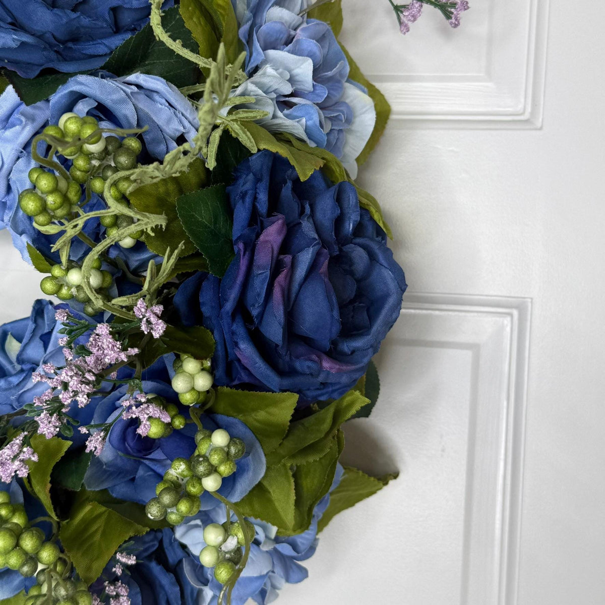 Small Midnight Bloom Wreath Navy Periwinkle Blue Roses with Green Berries and Lavender Accents