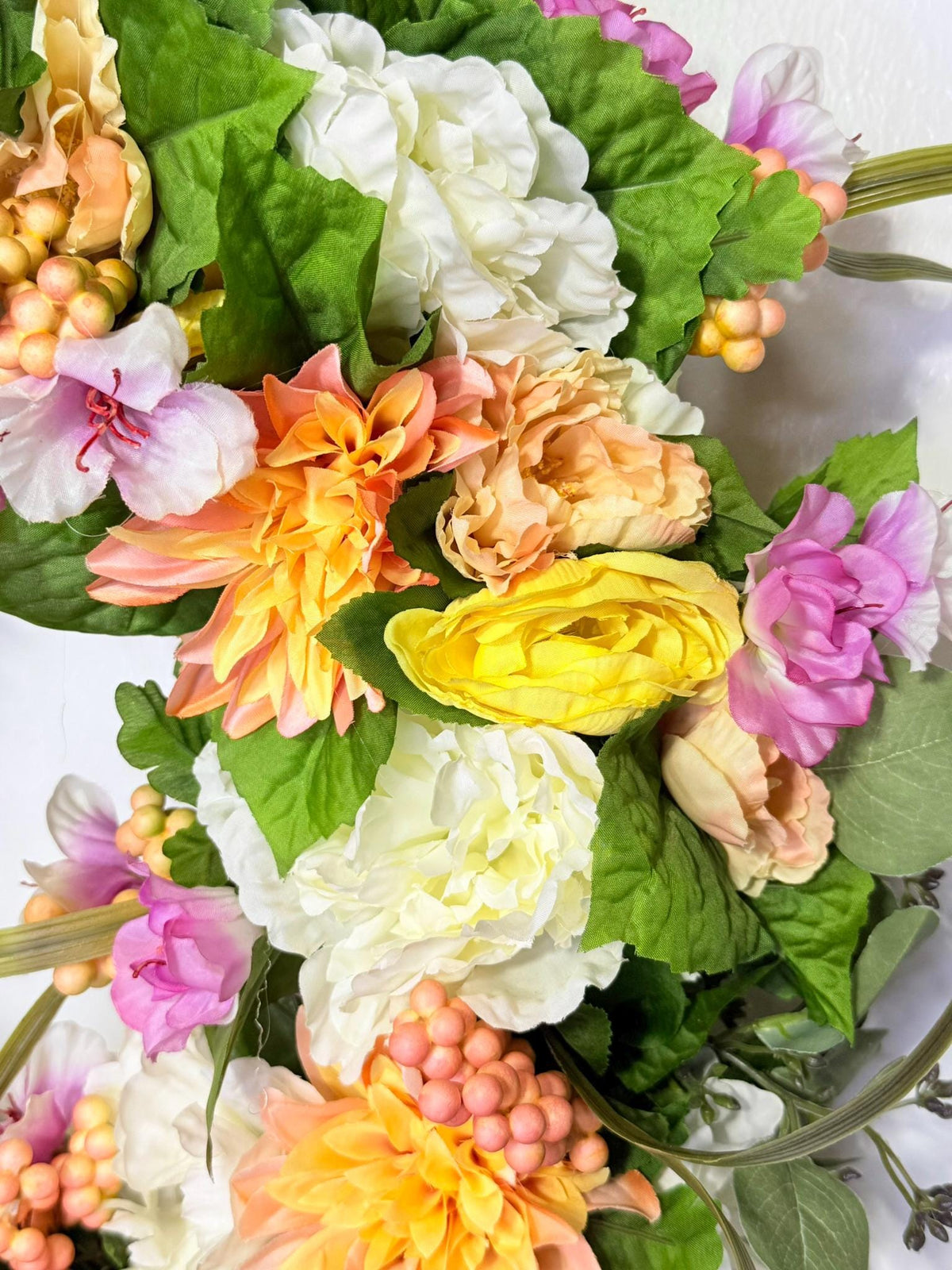 Belloura Summer Garden Wreath, Coral Pink Yellow Roses, Greenery (22-24" Diameter)