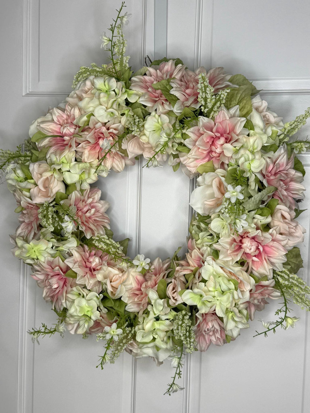 Medium Blush Petal Whisper Wreath  Soft Pink  Ivory Florals with Sage Green Accents